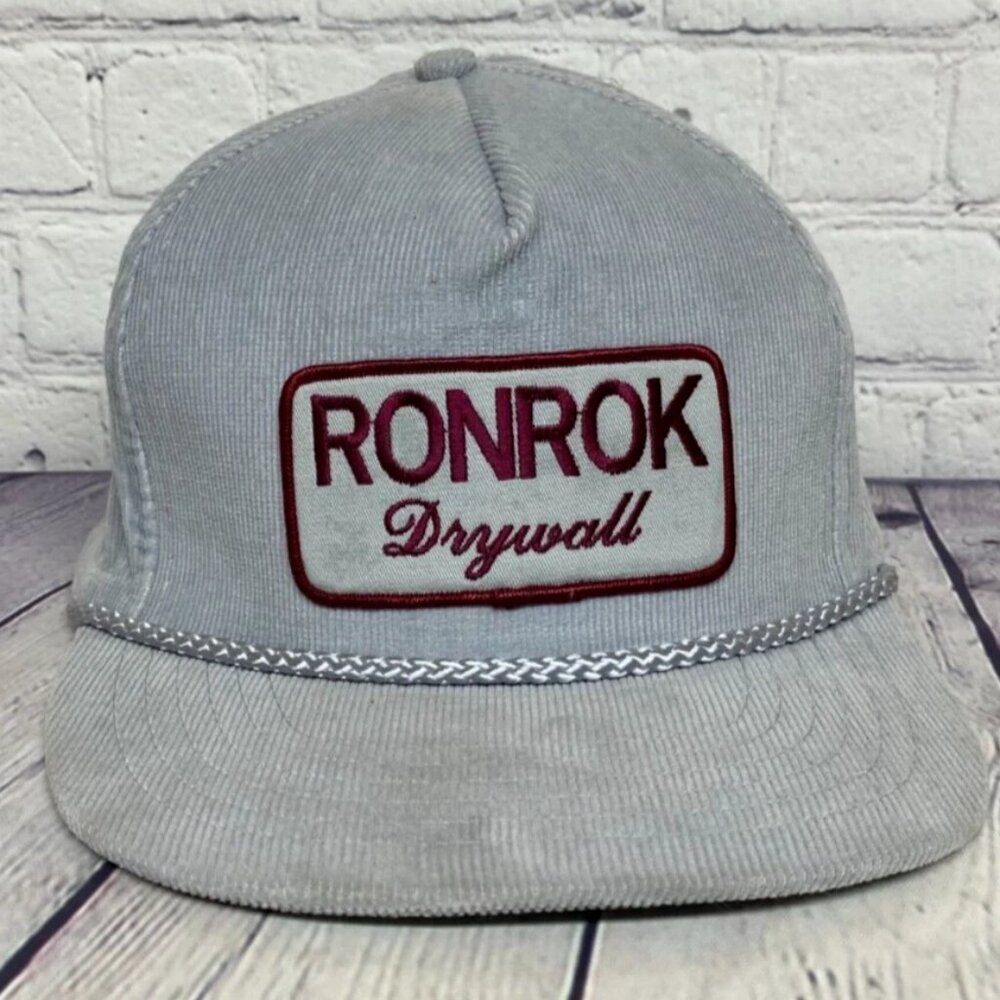 Vintage Hat Cap Snapback Gray RONROK Drywall Trucker Corduroy Embroidered Patch